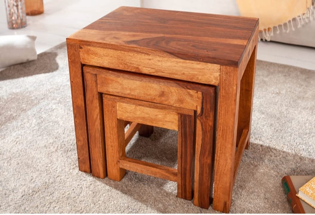 IThree Wooden Sheesham Wood Bedside Nesting Table Set of 3 Stool for Living Room (Natural Teak) (Large, Brown) Sold sheesham 1