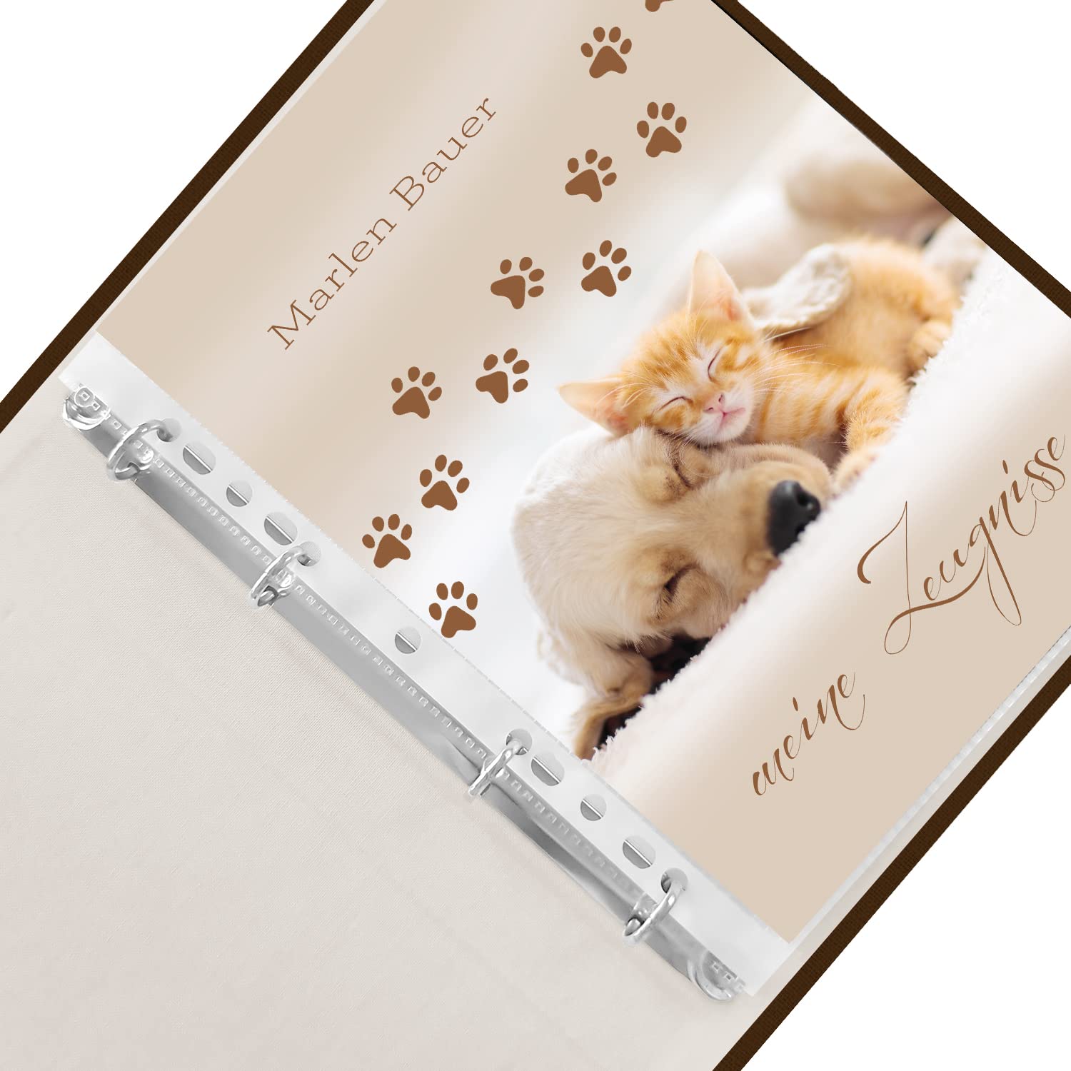 Zeugnismappe personalisiert mit Namen Animal Love A4 ca. 31x24 cm beige Zeugnisbuch Katze Hund Urkundenmappe Einschulung Schulanfang