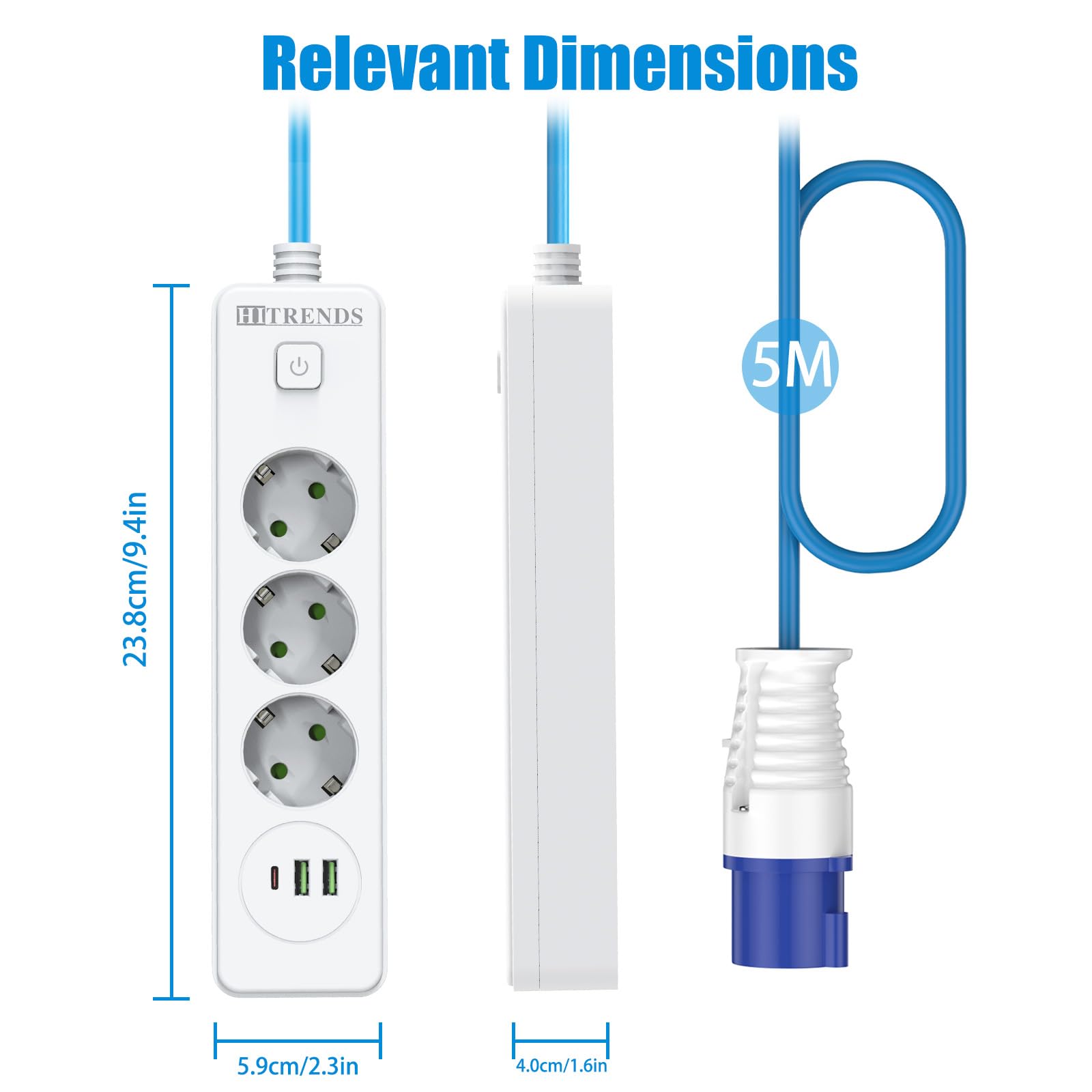 Versenkte Steckdose mit USB, Einbausteckdose mit Schalter, 3 Fach Tischsteckdose, Steckdosenleiste mit 2 USB A+1 USB C, Steckerleiste mit CEE-Stecker für Camping, Wohnwagen, Zelt, 5M Kabel-Weiß, IP44