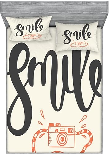 Lunarable Smile - Juego de sábanas bajeras y fundas de almohada, caligrafía cursiva con temática de fotografía de cámara retro, decoración de ropa