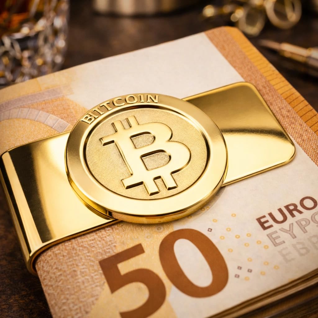 Bitcoin klips na banknoty ze szlachetnej stali szlachetnie pozłacany. Wygląda elegancko i szlachetnie dla mężczyzn ze stylem i klasą | klips na pieniądze | Money Clip | klips do pieniędzy |