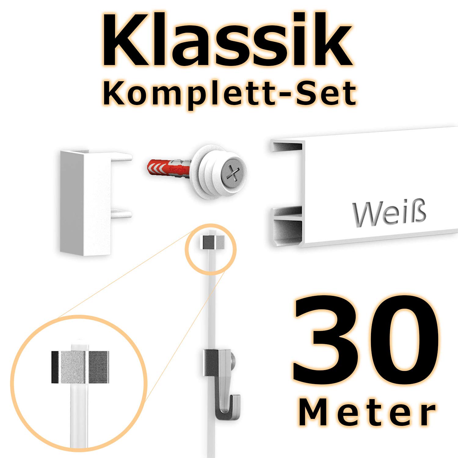 30 Meter Bilderschienen Galerieschienen - Komplett Set in weiß von Hang-it