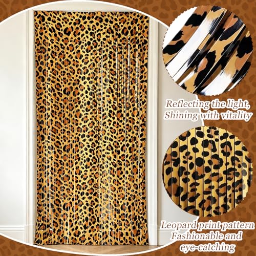 Image of Leopard Print Foil Fringe Curtains & Garlands Set, 2 Pack 3.3x6.6ft Photo Booth Backdrop with 2 Matching 13.1ft Garlands for Bachelorette, Birthday & Wild Animal Party Decor