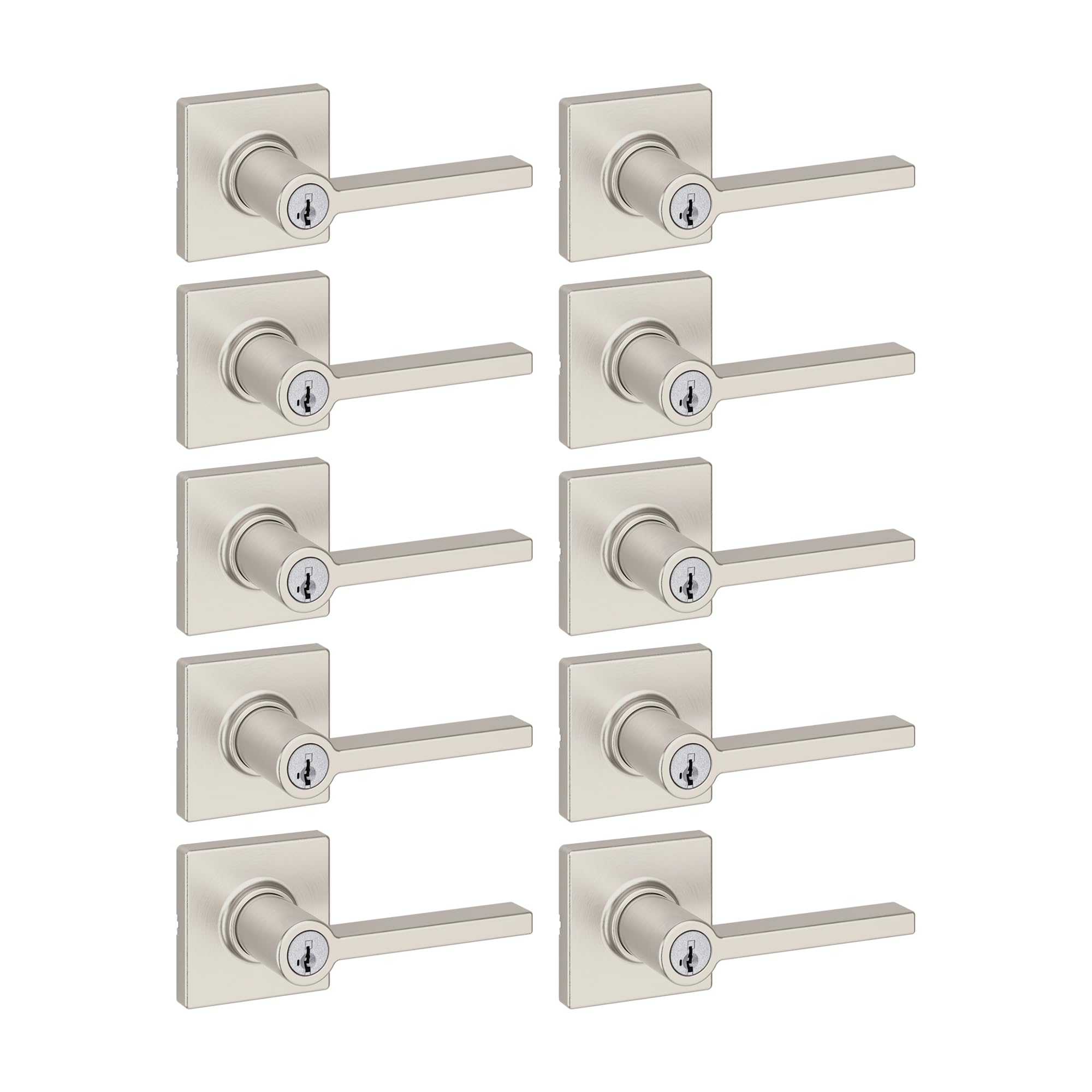 Photo 1 of Kwikset Casey Entry Door Handle with Lock and Key, Secure Keyed Reversible Lever Exterior, for Front Entrance and Bedrooms, Satin Nickel, 10 Pack, Pick Resistant SmartKey Rekey Security and Microban