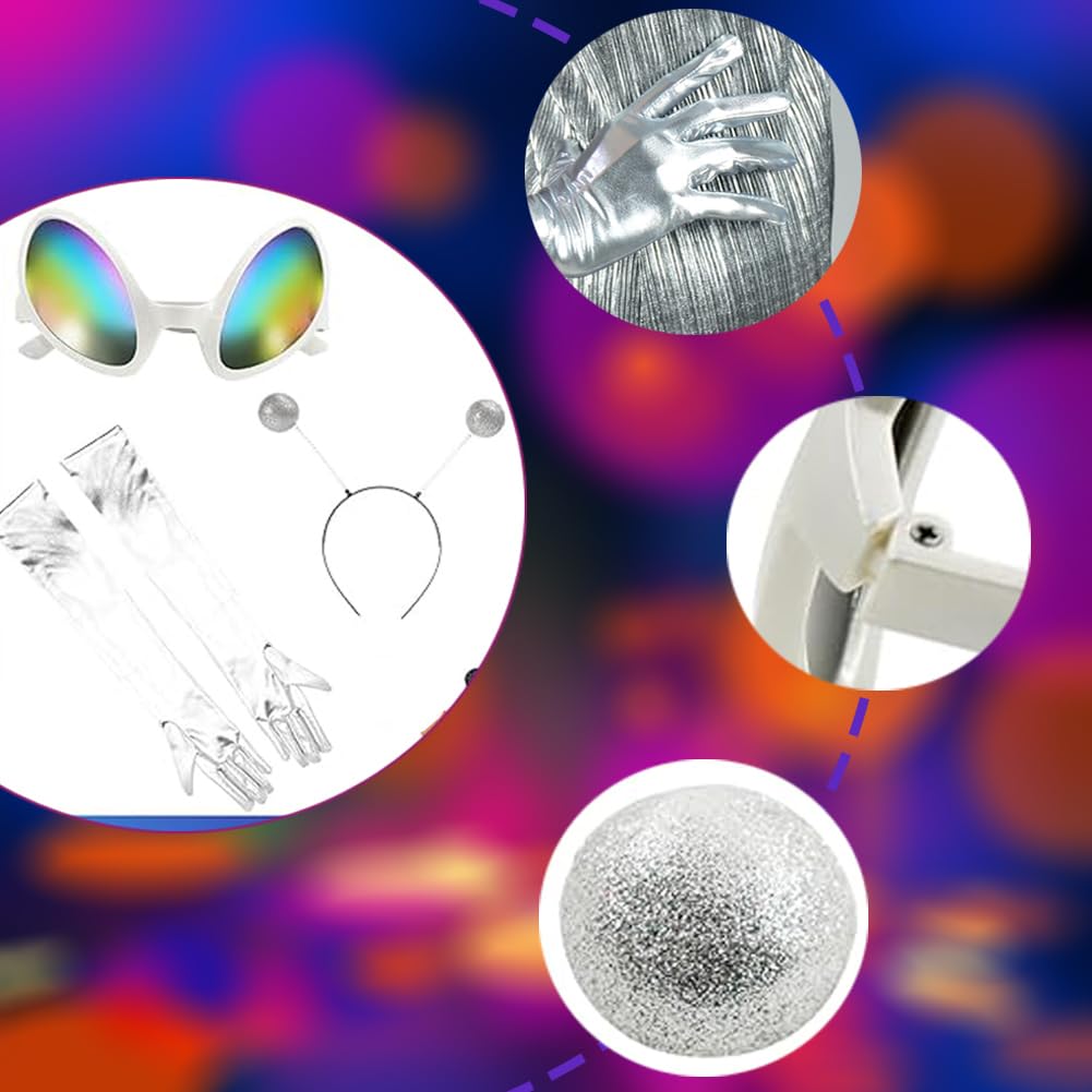 Aurasky Alien Costume Accessoires Set, Serre-tête Alien + Boucles D'oreilles + Gants + Paillettes Holographiques, Accessoires Alien Pour Carnaval Mardi Gras Halloween Cosplay Party