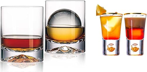 Miniatura 1 de JBHO Juego de 2 vasos de whisky y vasos de chupito dobles de cristal, base pesada con hojuelas de hoja de oro de 24 quilates, borde dorado, para