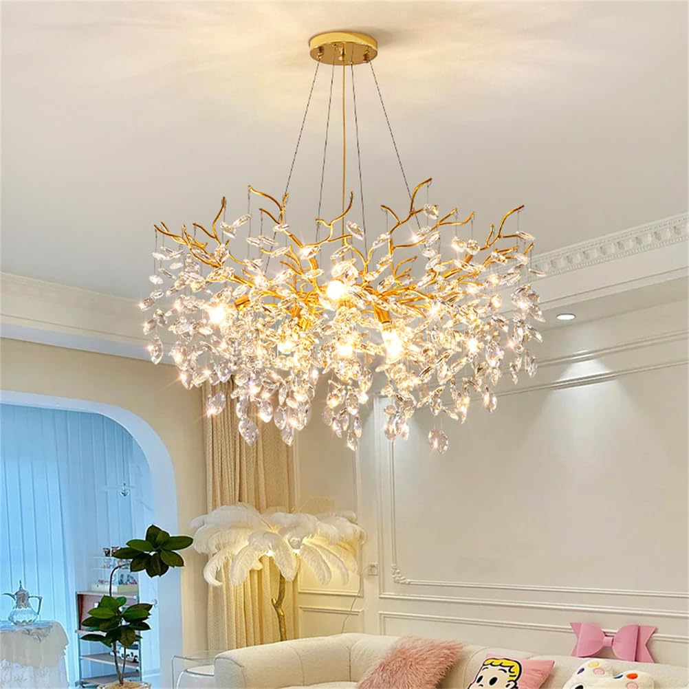 KXEcoLife Luxury Crystal Tree Branches Chandeliers Modern Raindrop Pendant Light Fixture Ceiling Hanging for Dining Room Bedroom Living Entryway,Round D80cm