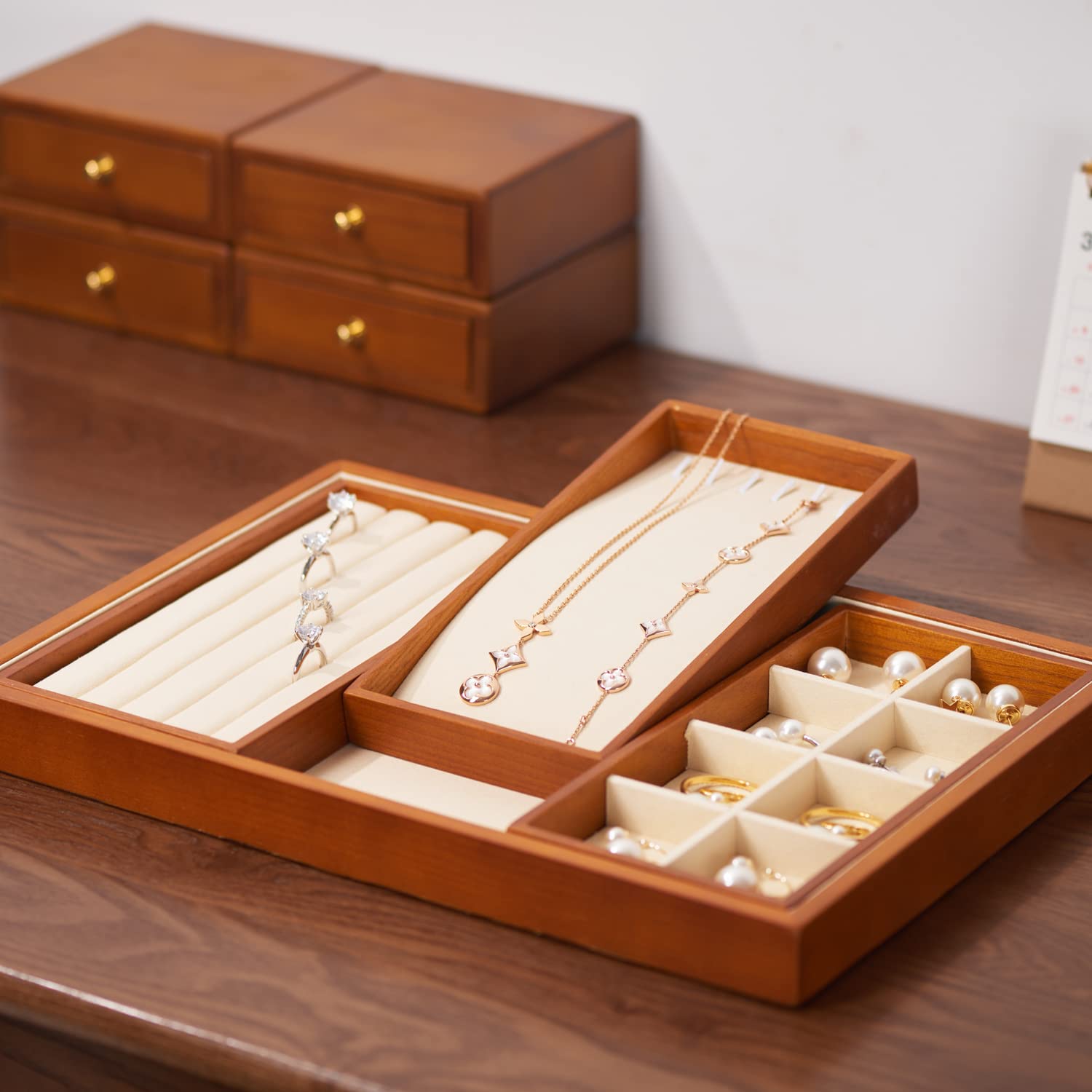 Oirlv Bandeja De Madera Apilable 4 En 1,Para Joyería Anillo Pendientes Pulsera Collar Bandeja Organizadora(Beige)