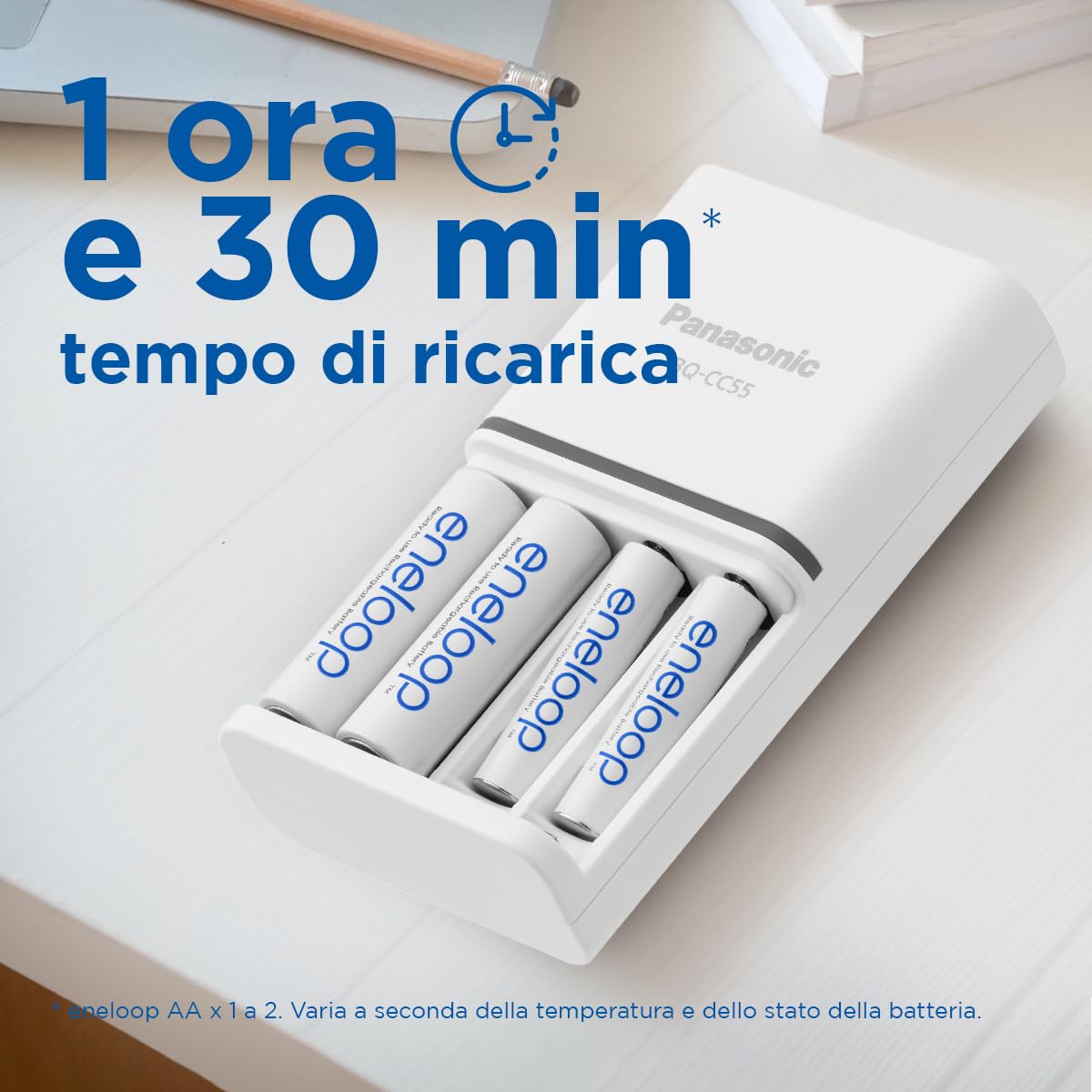 eneloop Caricabatterie SmartPlus per Batterie AA/AAA Ni-MH, Include 4 Batterie AA 2000mAh, Ricarica Rapida 1,5 Ore, con LED e 10 Funzioni di Sicurezza