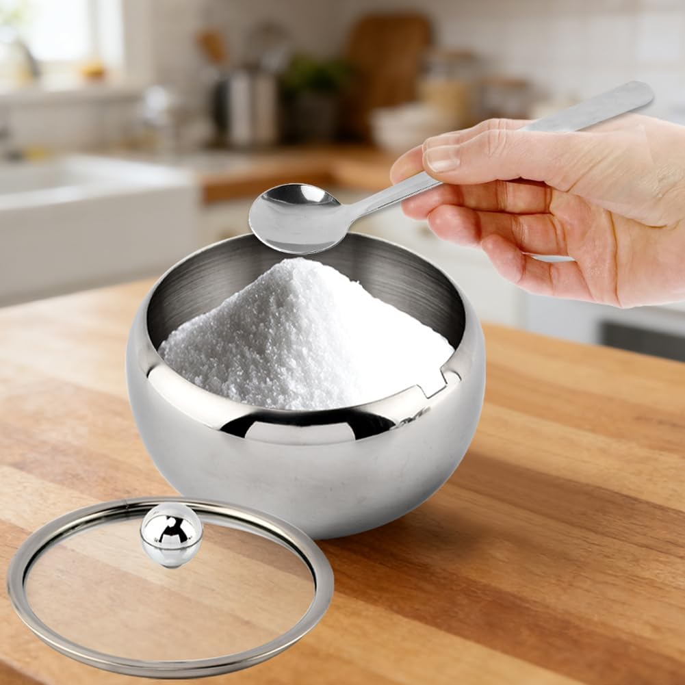 14 oz Sugar Bowl with Lid and Spoon, Stainless Steel Coffee Bar Sugar Bowl