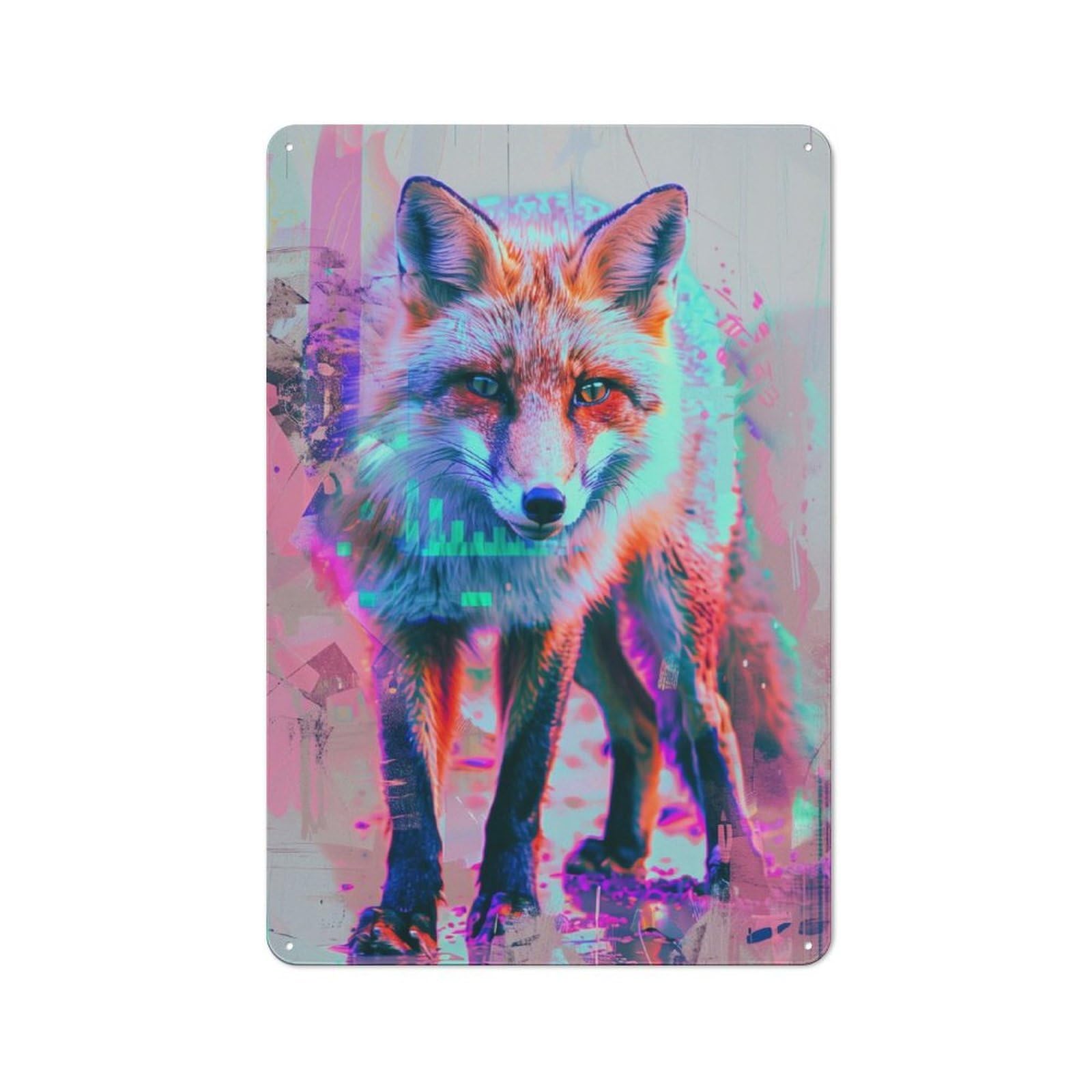 Junmoney Neon Glitch Fox Simple Retro Tin Sign 30X20cm, Office Wall Decor For Hobby Room, Office, Lounge Or Living Room