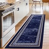 Antep Rugs Alfombras Bordered Modern 2x7 Non-Slip (Non-Skid) Low Pile Rubber Backing Indoor Area Runner Rug (Navy, 2' x 7')