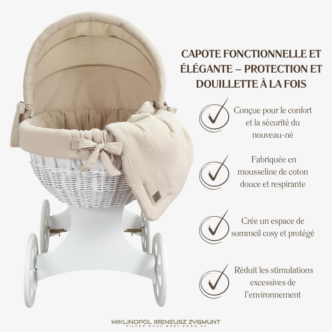 Wiklinopol Couffin Bébé avec Support en Bois et roulettes Annabell – Berceau en Osier avec Matelas et Linge 5 Pièces Mousseline Beige – Poussette de lit Blanc pour Nouveau-né
