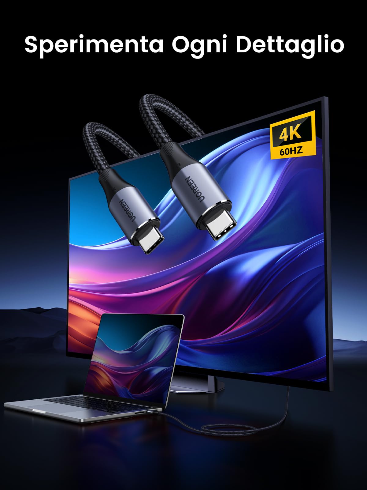UGREEN Cavo USB C Video 4K@60Hz, Cable Type C 3.2 10Gbps Ricarica Rapida 240W, Compatibile con MacBook Air, iPad, dell, HP, iPhone 16/15 Plus PRO Max, Galaxy S24 S23 Ultra. 1M