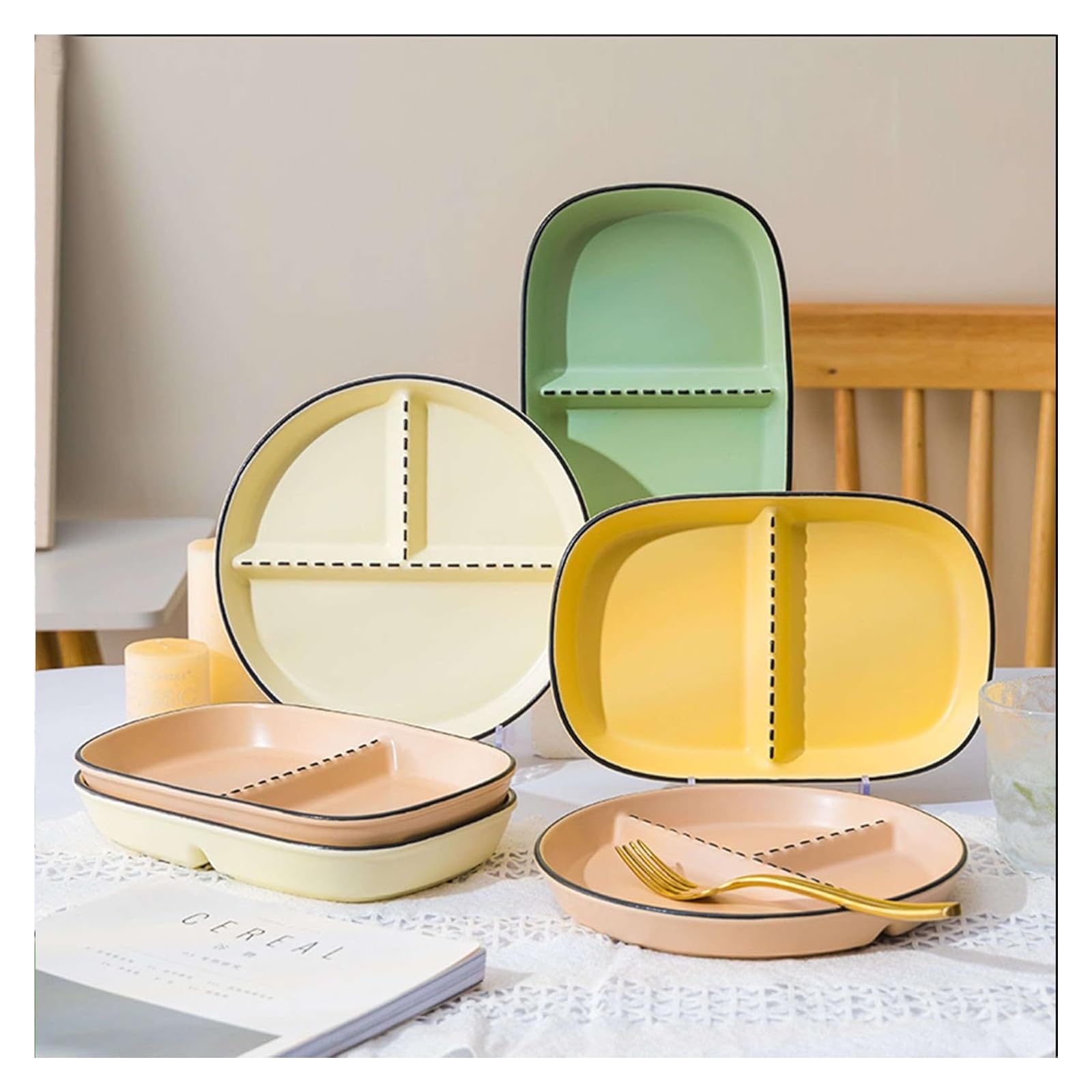 Assiettes plates rectangulaires en céramique avec compartiments pour adultes Vert
