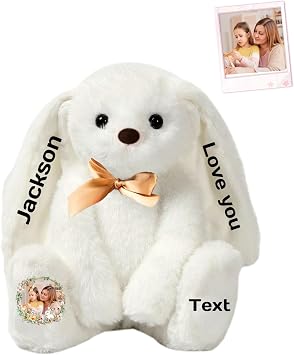 Personalised Bunny Stuffed Animal, Custom Long Ear Bunny Plush with Text Photo, Plush Rabbit Toy Personalised Gifts for Girls Boys Kids Adults, 10 inch