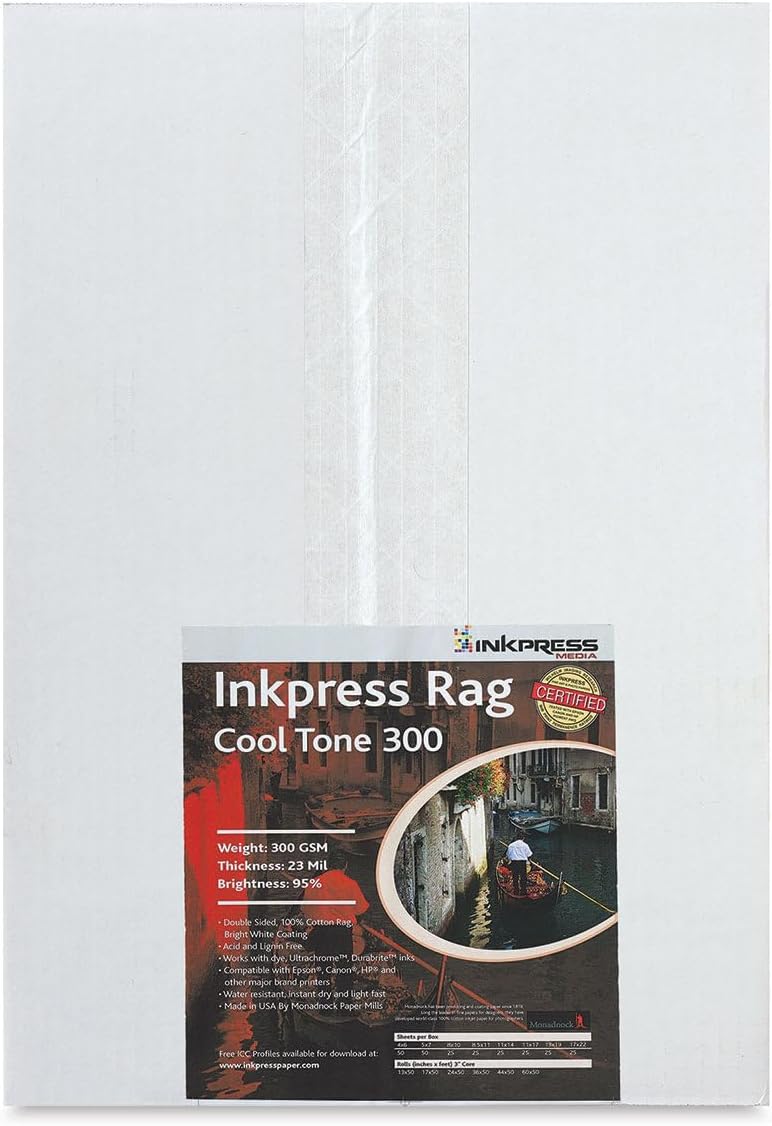 Inkpress Rag Cool Tone 300 Double Sided, Bright White Matte Inkjet Paper, 23 mil, 300 gsm, 95% Bright, 13x19", 25 Sheets