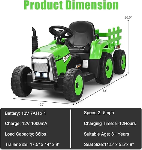 Miniatura 4 de Costzon Tractor de conducción con remolque juguete eléctrico de 12 V alimentado por batería con control remoto cargador de tierra de 3 velocidades