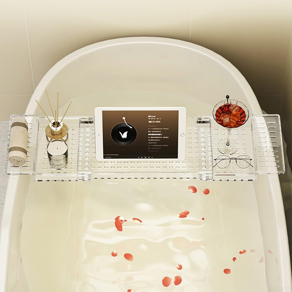 Bandeja extensible para bañera con soporte para copas de vino y libro, estante de baño transparente para relajación de spa, se adapta a bañeras de hasta 29.5 pulgadas de ancho, perfecta para remojar y