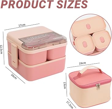 Bento Lunch Box with Compartments, 1800ML Bento Box with Insulated Bag & Cutlery, 2 Layer Leak Proof Bentos Boxs Meal Prep Container Boxs for Kids Adults School Office Picnic(Pink)
