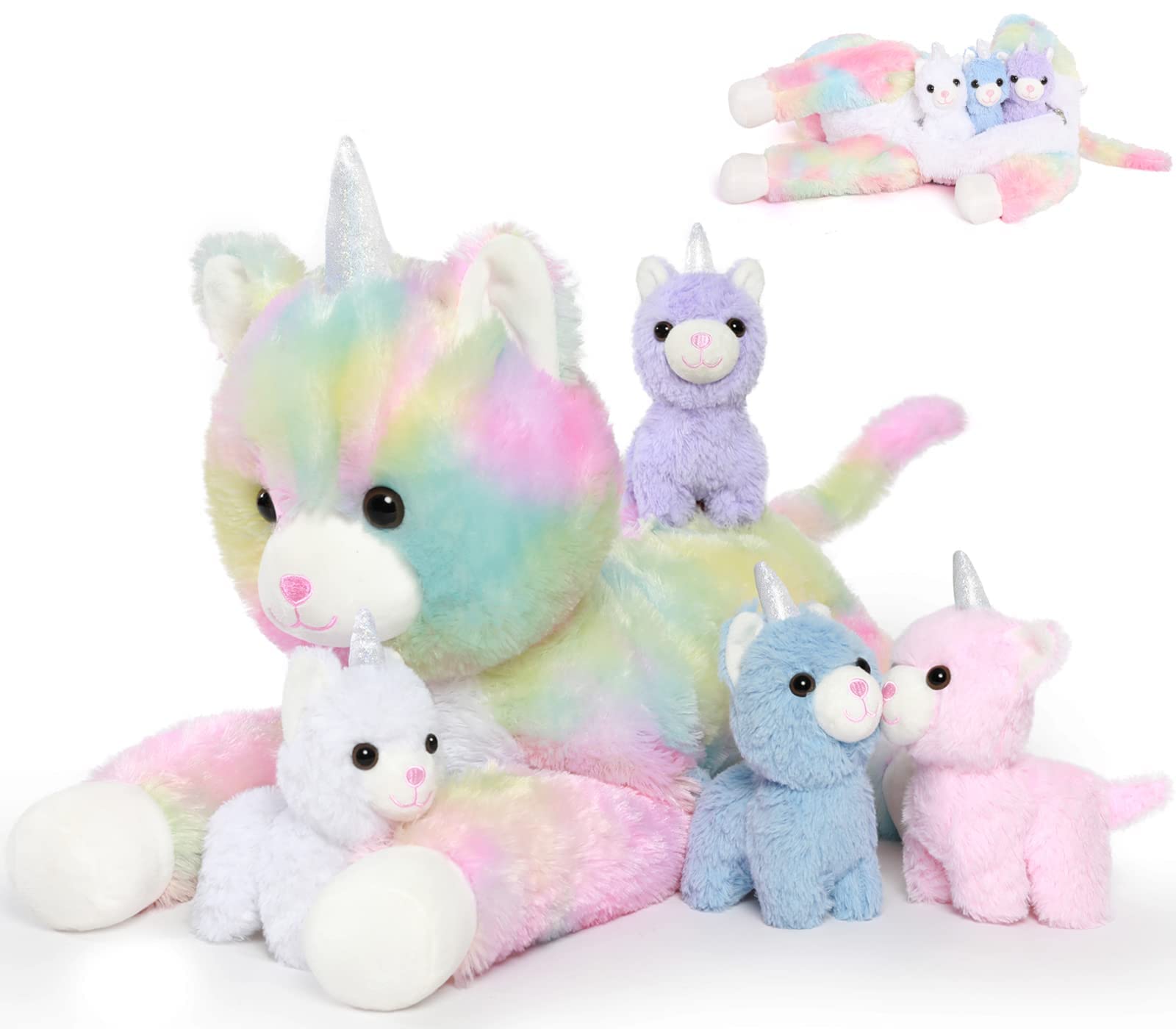 MorisMos Big Unicorn Cat Teddy Stuffed Animal, 60cm Mom Cat with 3 Cuddly Kittens Inside Large Cat Soft Plush Toy Realistic Fluffy Cat Present for Kids Girlfriend Birthday Deco