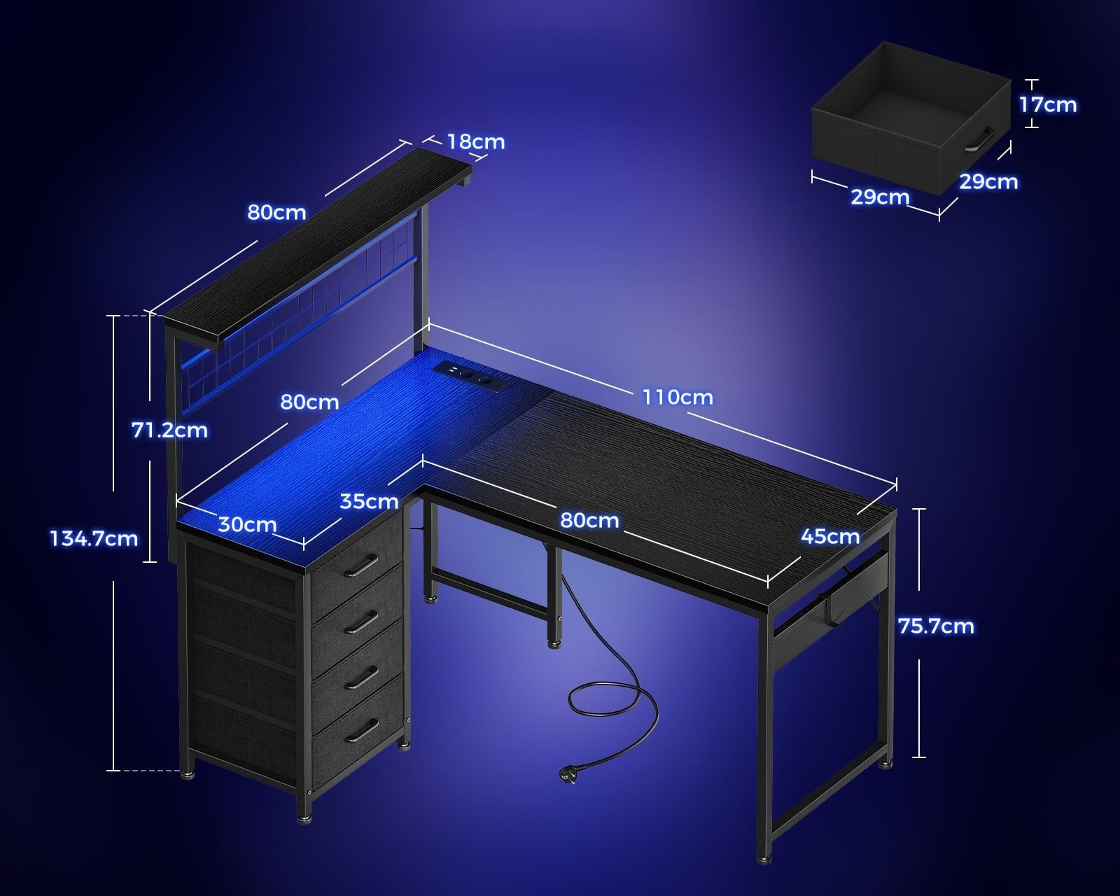 Coleshome Escritorio Gaming en L con 4 Cajones, 130x100cm Escritorio Gamer con LED y Enchufes, Escritorio Esquinero Mesa Gaming con Estanteria para Juegos Oficina en Casa, Negra