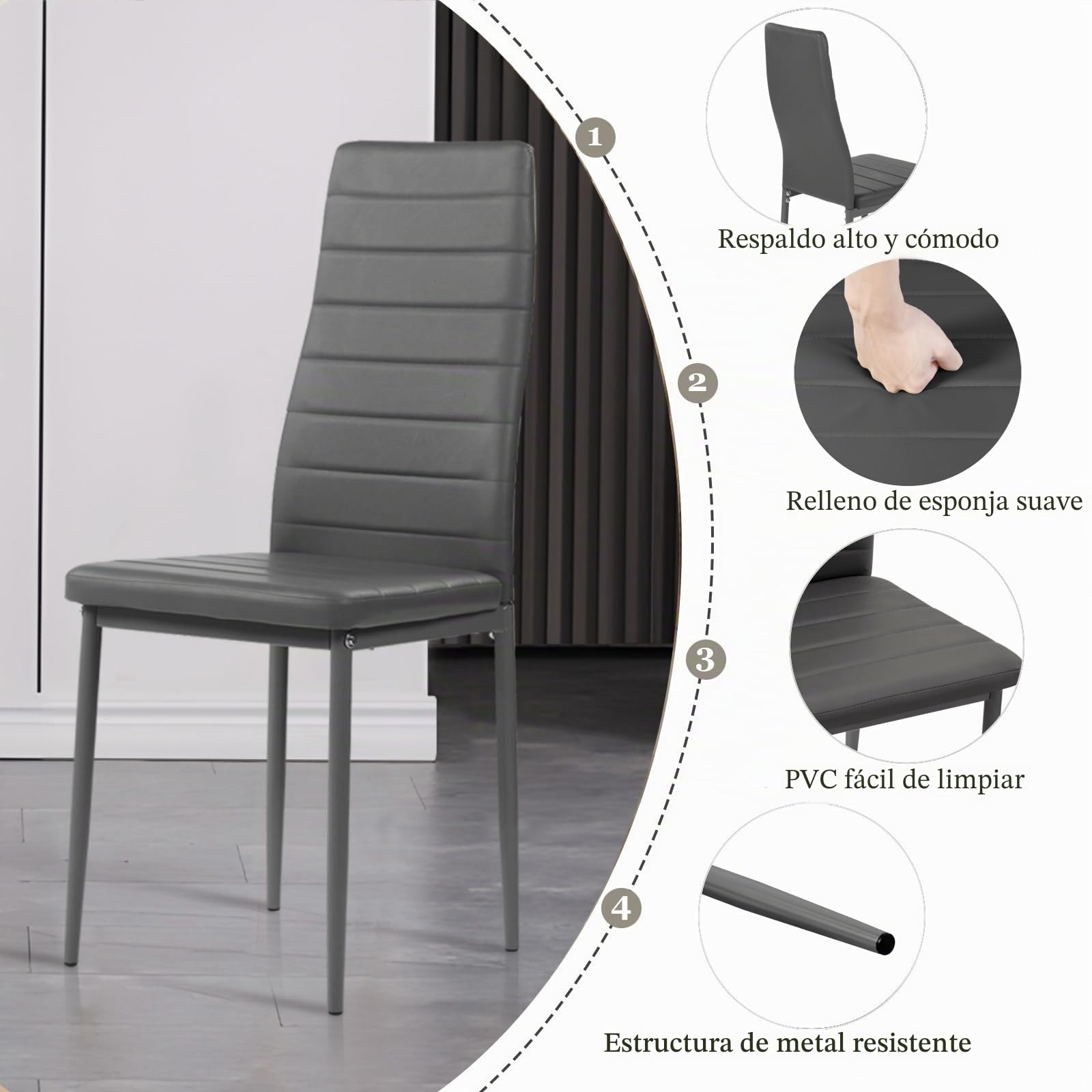 Juego de mesa de comedor rectangular de 110 cm con 4 sillas, conjunto de mesa y sillas de comedor de piel sintética gris, para pequeño espacio de cocina, comedor y salón (roble + gris)
