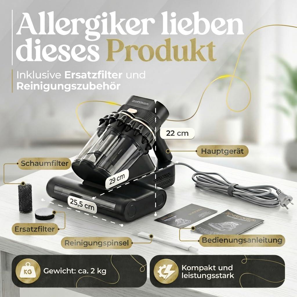 Milbensauger für Matratzen – 16 kPa Matratzenreiniger mit UV-Licht, Ultraschall, 60°C Heißluft - Milben Sauger | Effektiv gegen Hausstaubmilben | Ideal für Allergiker, Polstermöbel & Tierhaare
