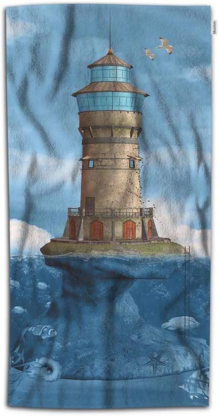 Moslion Lighthouse Hand Towel Aqua Ocean Water Coast Reef Seagull Algae Fish Bubble Cloud Rock Towel Soft Microfiber Face Hand Towel Kitchen Bathroom for Kids Baby Men 15x30 Inch Blue Brown