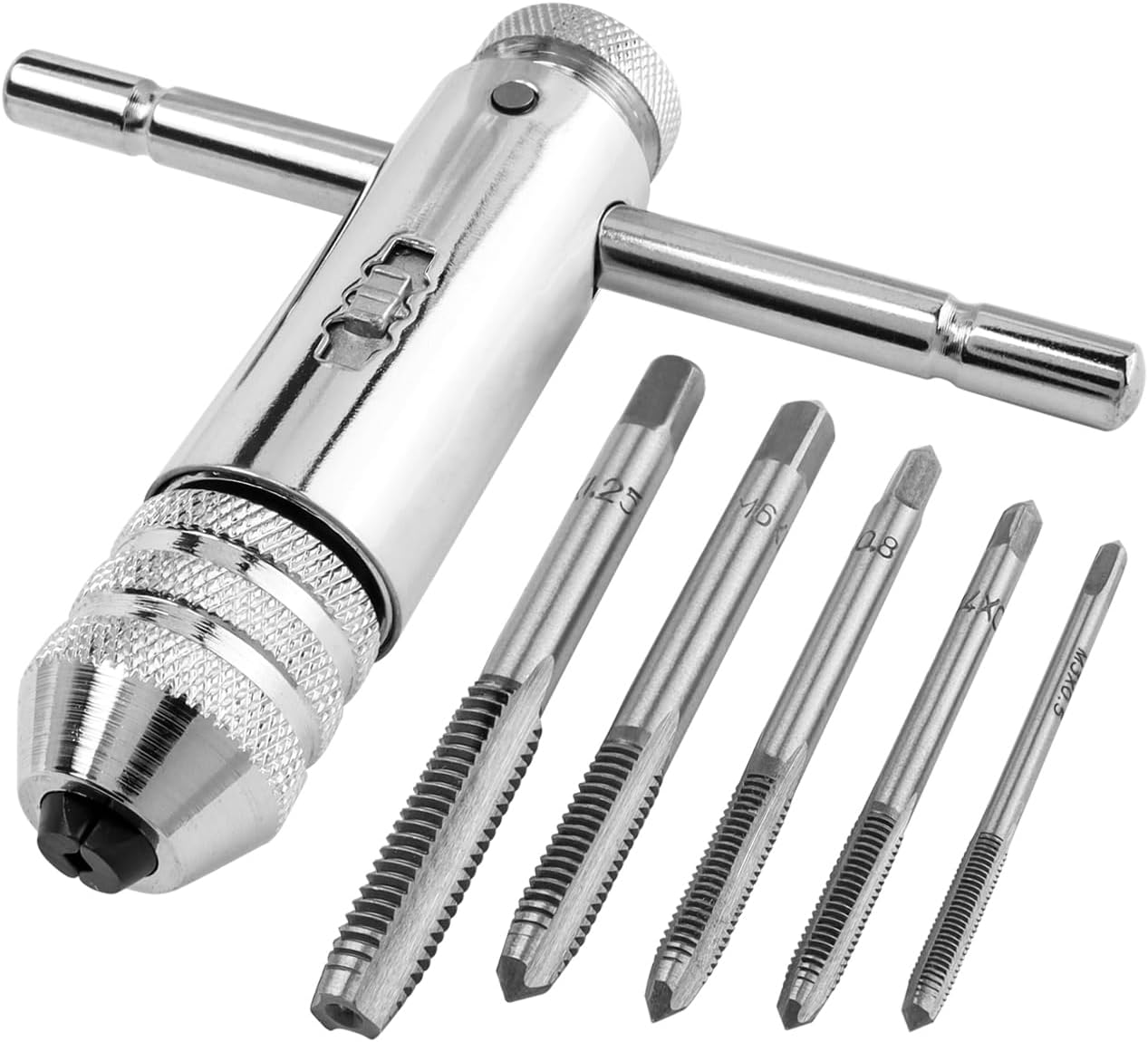 Mesee Tap Wrench Tool Set, Adjustable Ratchet Tap Wrench with 5Pcs Metric Machine Thread Plug Taps M3 M4 M5 M6 M8 Screw Taps T-Handle Tap Holder Hand Tapping Tool Kit
