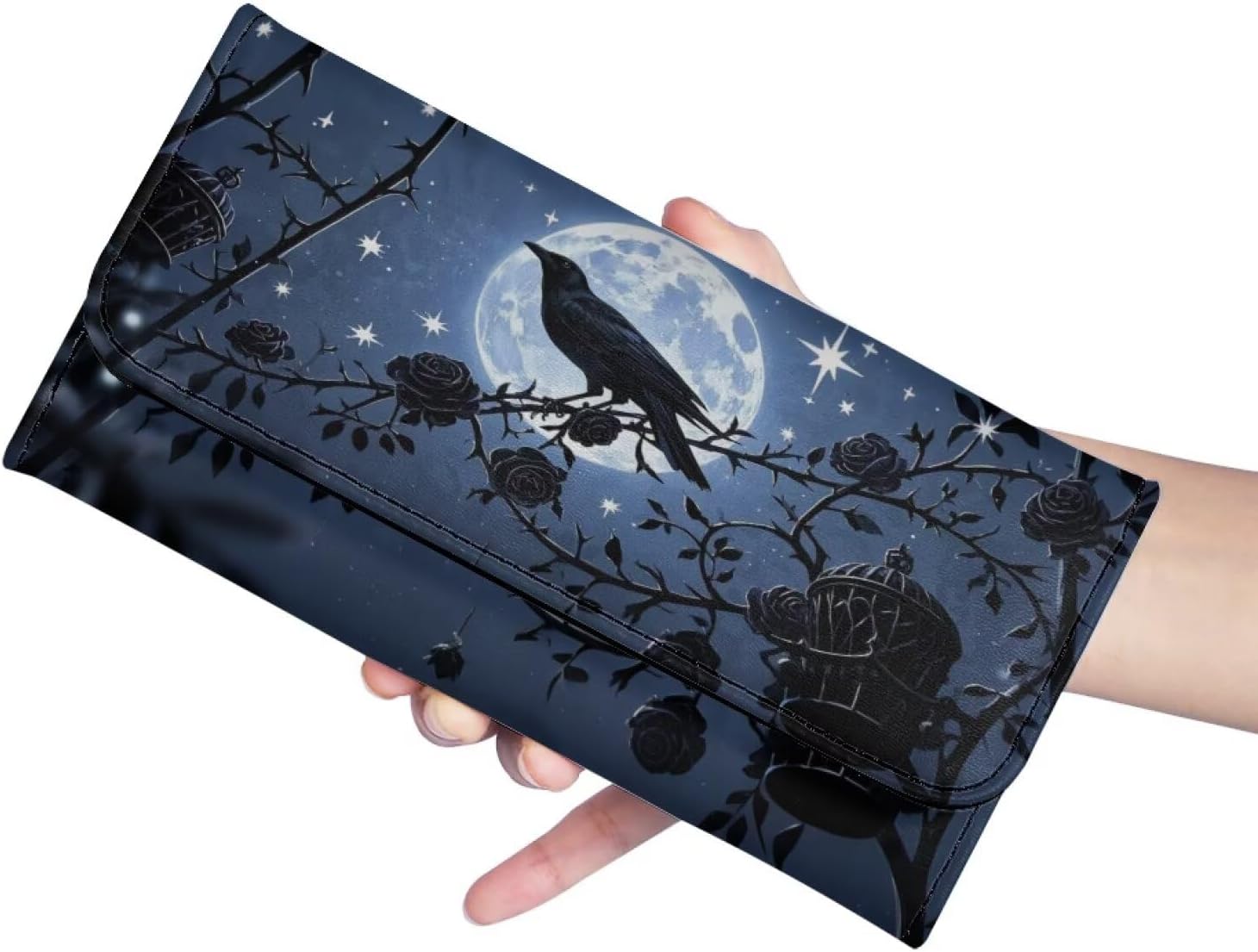 Moon Night Raven Slim Long Wallet for Women Black PU Leather Money Manager, Gothic Rose Thorn Zipper Billfold Wallet Clutch Organizer Credit Card Holder - Image 5