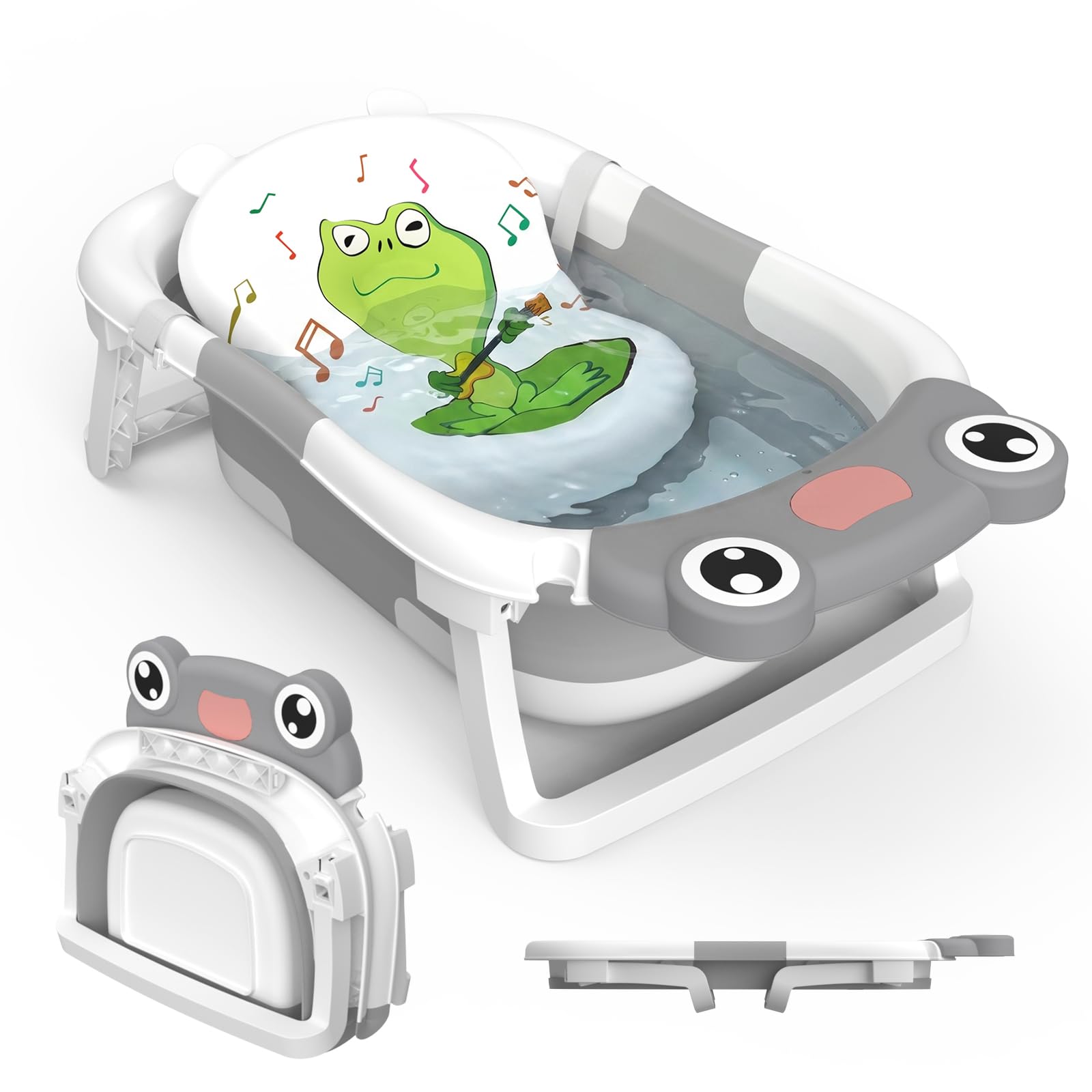 Foldable Baby Bath Tub Collapsible Toddler Bathtub Baby Bath Essentials for Newborn with Seat Support Cushion Stand Folding Baths for Infant 0-12 Months Kids Babies Gift Portable Travel Bathing Tubs