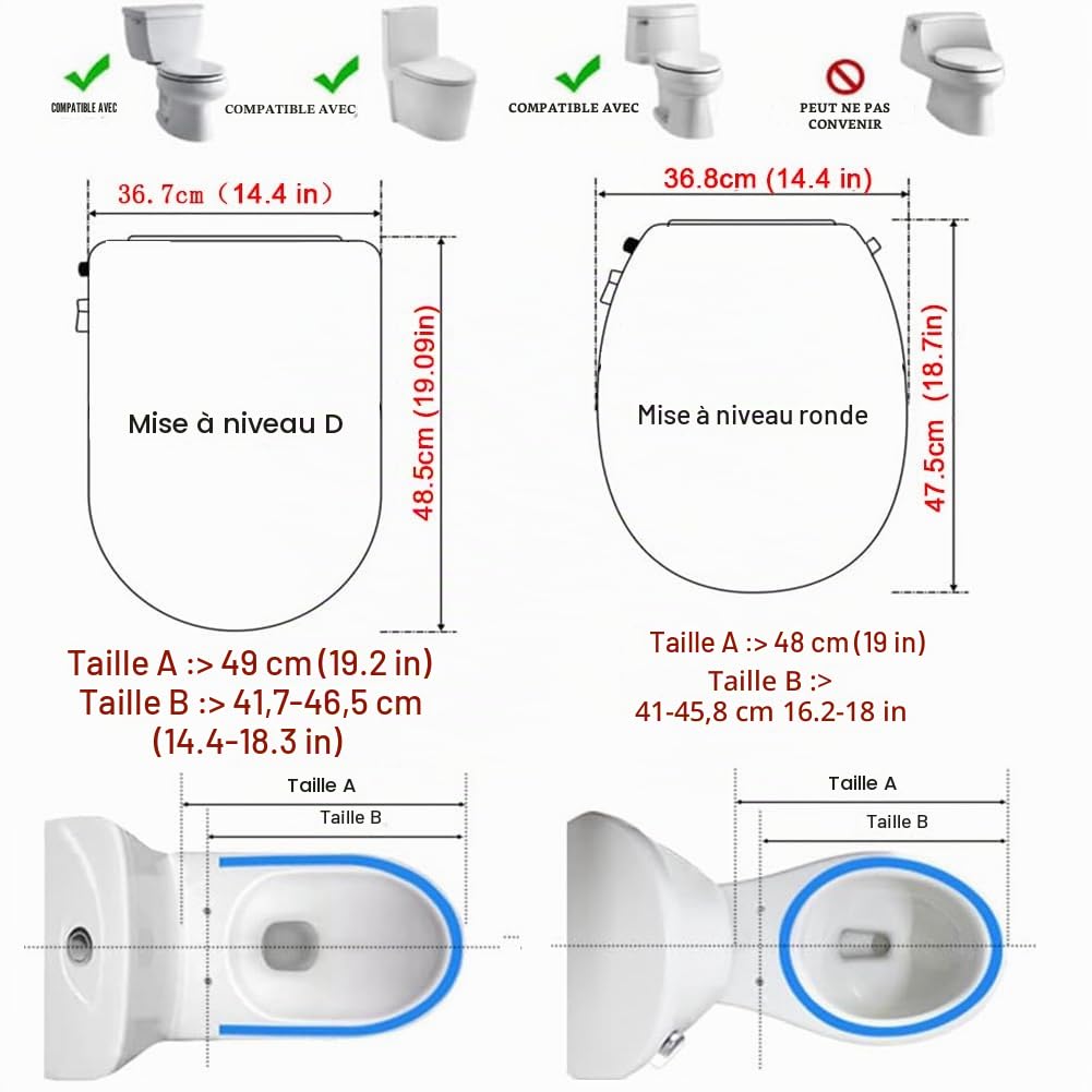 Siège de bidet non électrique pour toilette avec double buses auto-nettoyantes séparées à l'arrière et pulvérisation d'eau naturelle pour le nettoyage féminin, siège de toilette à fermeture douce