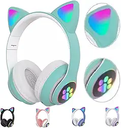 Fone Orelhas GATO Sem Fio COM LED Bluetooth Música Infantil COLORIDO GATINHO HEADSET CAT GATINHO CRIANÇA HEADPHONE GAMER (AZUL CÉU)