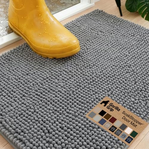 Image of GORILLA GRIP SoakSTOPPER Dog Door Mat, Machine Washable Rug Absorbent Doormat Captures Moisture Mud Dirt, Quick Dry Soft Chenille Entryway Rugs Indoor Entrance Mats for Dog Paws, 24x17 Grey