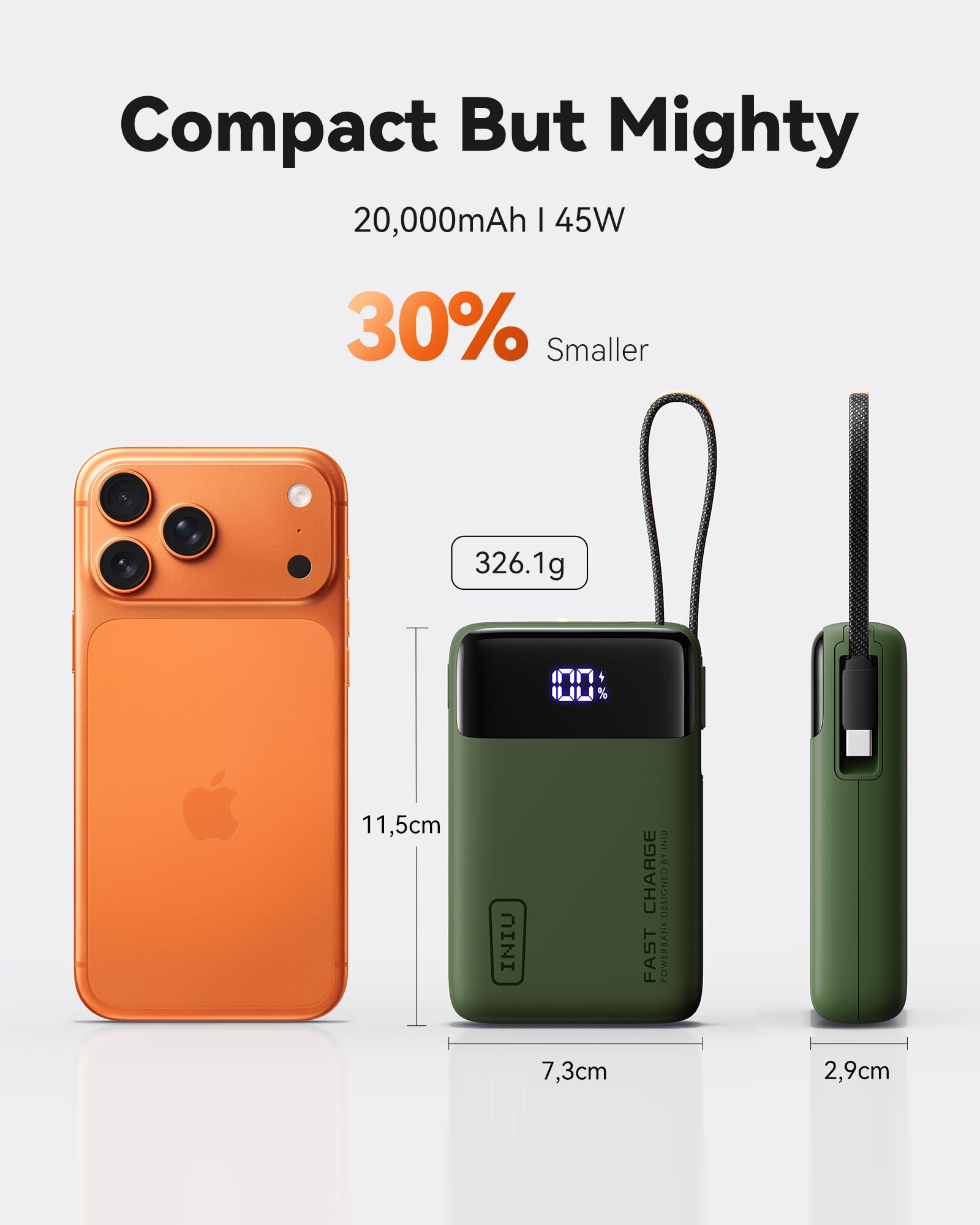 INIU Power Bank, Piccolo 20000mAh 45W Ricarica Rapida Caricatore Portatile | Cavo USB C Integrati, Sicuro in Aereo, Essenziale da Viaggio, Powerbank per iPhone 17 16, Xiaomi, Samsung, iPad ecc