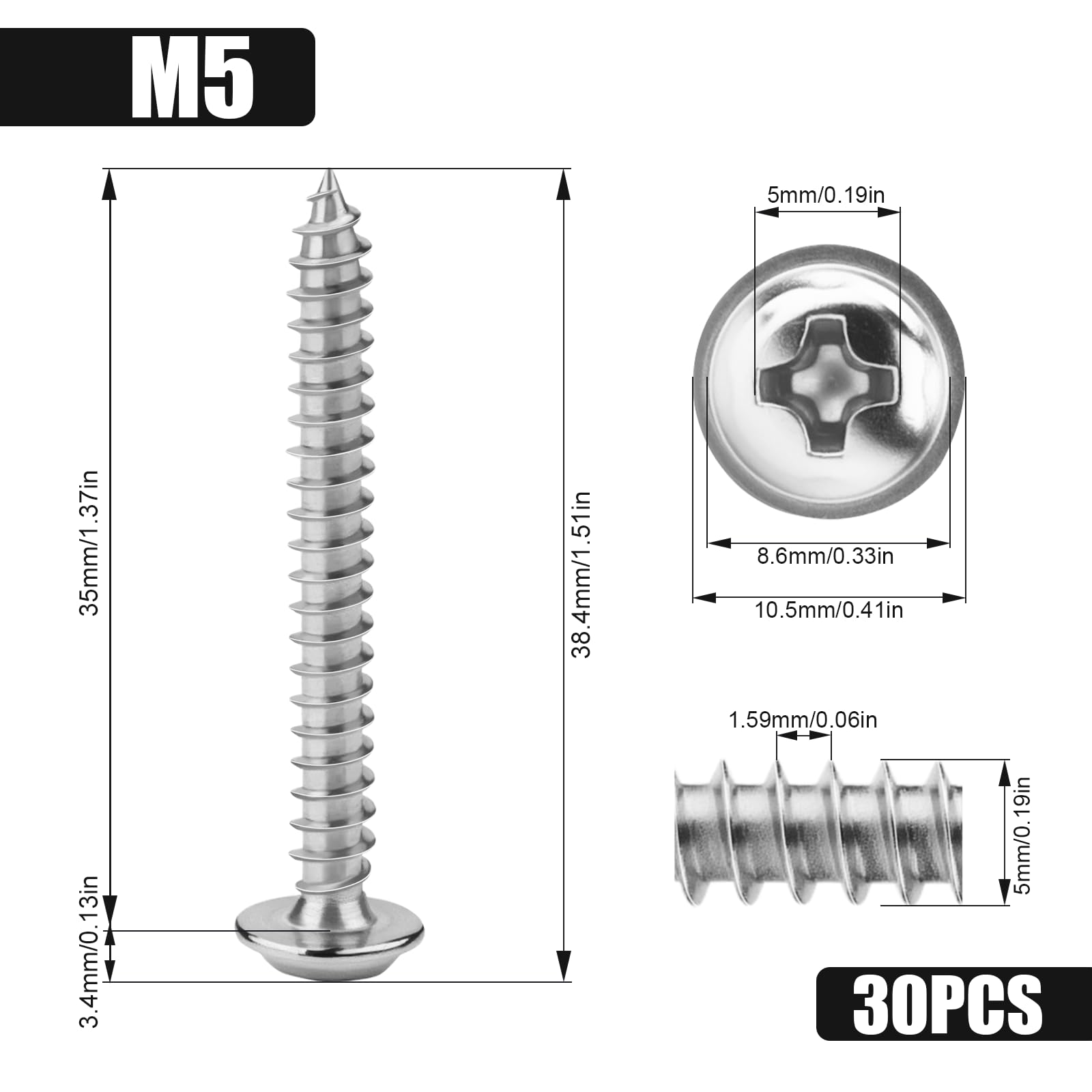 KGGZKG 30 Pcs Pan Head Screws M5x35x10.5mm Phillips Wafer Head 304 Stainless Steel Wood Screws Self Tapping Screws Multi Purpose Round Dome Head with Washer for Construction Hardware Silver - Image 2