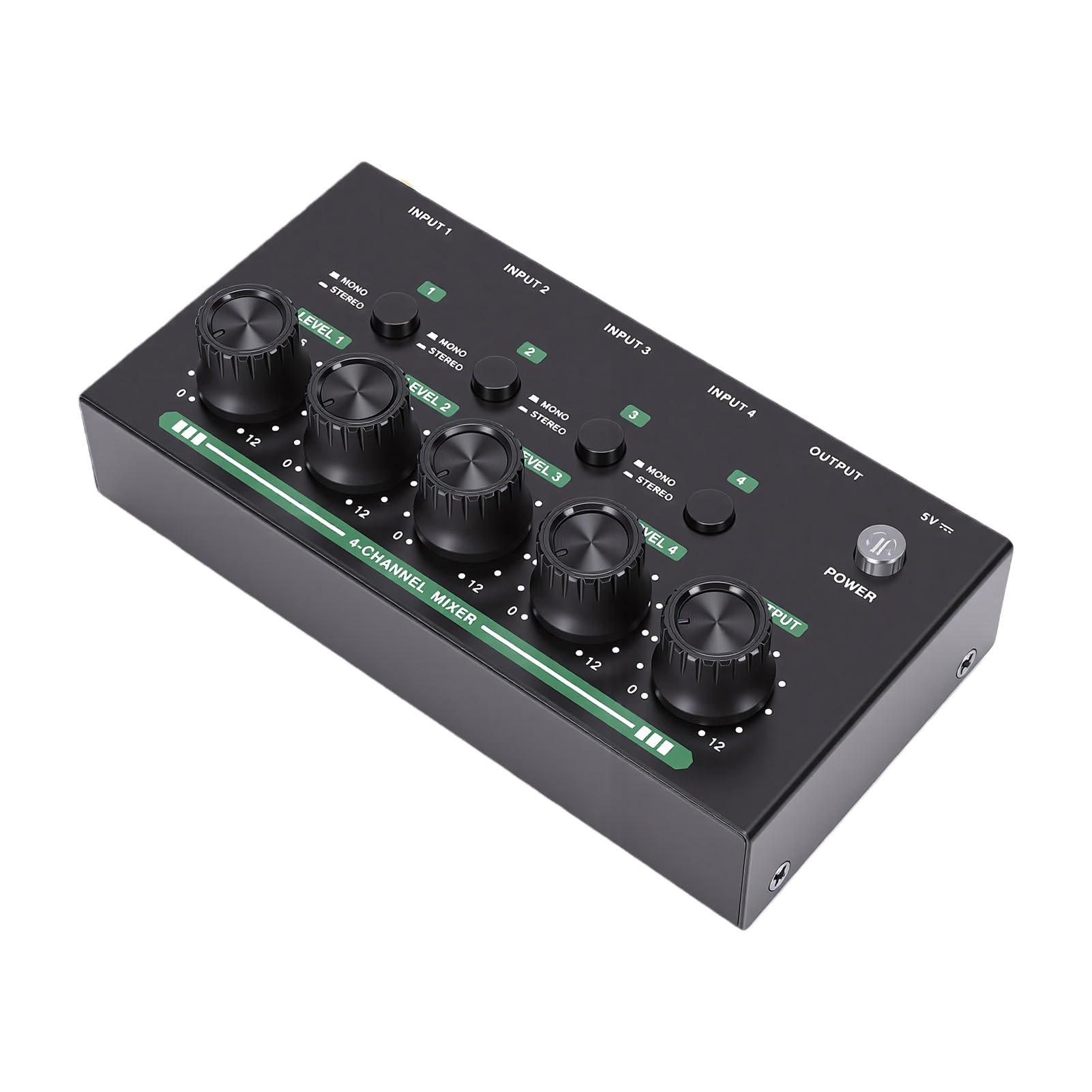Bediffer Mixer a Basso Rumore a 4 per Registrazione in Studio Domestico, Mixer Stereo per Streaming Live, Alimentato a Batteria per Spettacoli All'aperto (Nero)