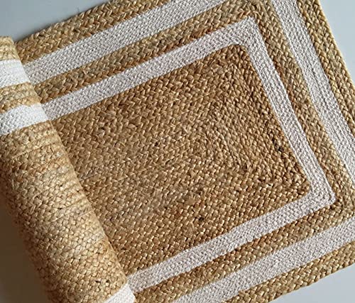 Image of Jute Braided Natural Hand Woven & Reversible Rug for Living Room Kitchen Entryway, Farmhouse Rustic Burlap Carpet Floor Mat (Whitejute, 6X9-feet)