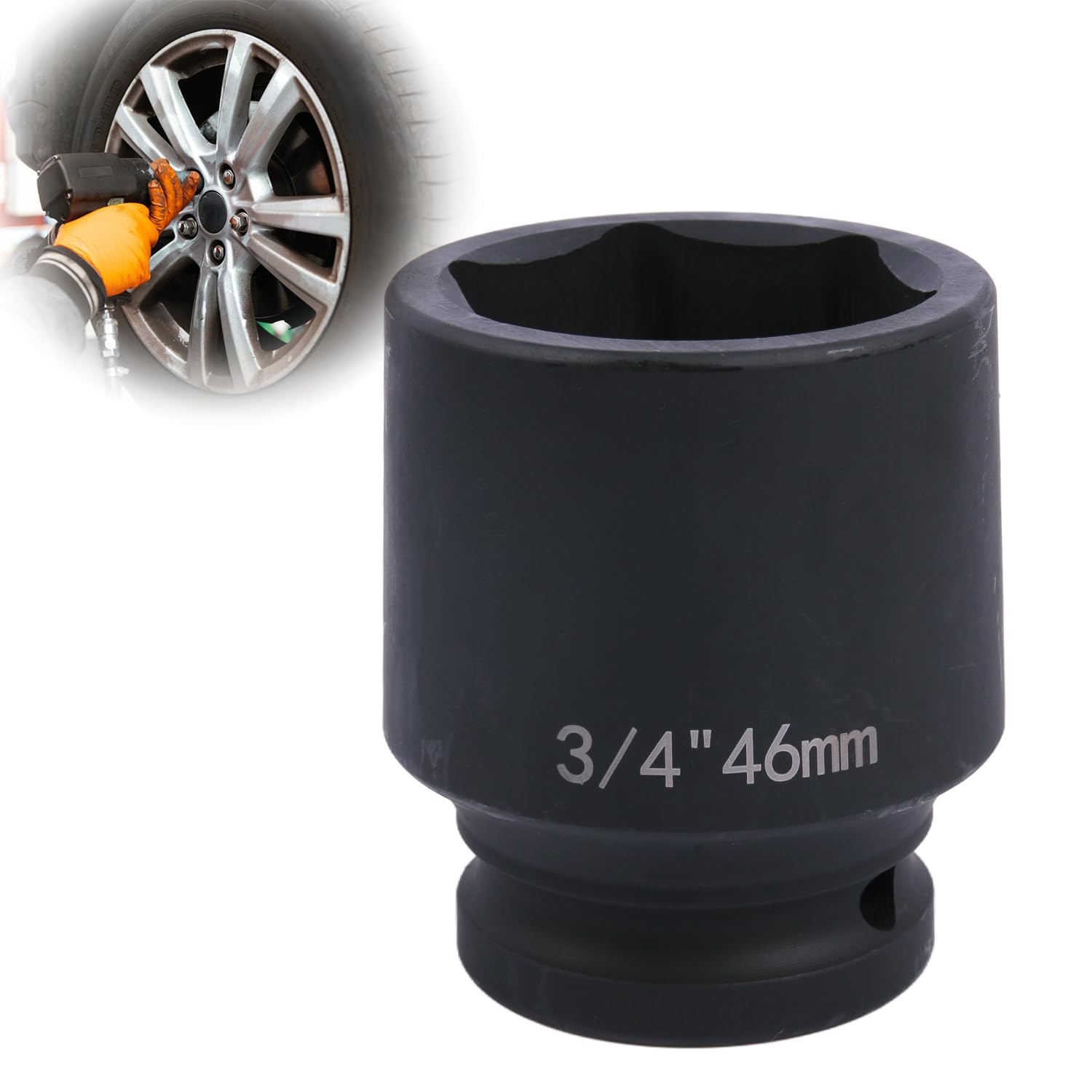 Deep 6-Point Impact Socket 3/4" Drive 46mm,Chrome Molybdenum Steel, Anti-Rust Metric Hex Socket for Car Repairs and Impact Wrench