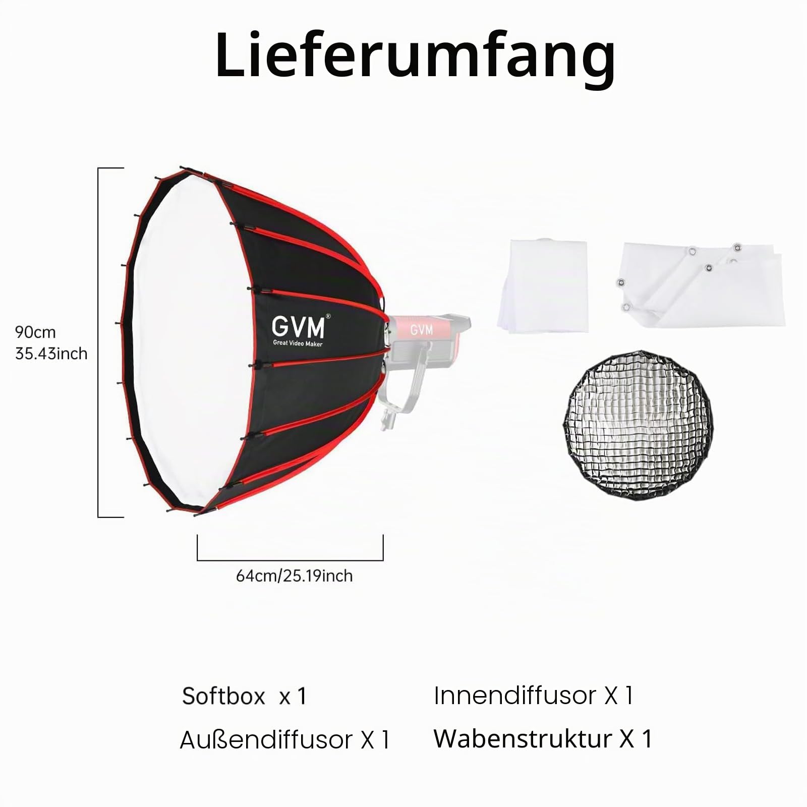 GVM Softbox Parabolic Soft Light Bowens Mount, 36 Zoll / 90 cm, parabolische Softbox mit Schnellverschluss und Wabengitter, kompatibel mit Anderen Bowens-Halterungen für die Aufnahme