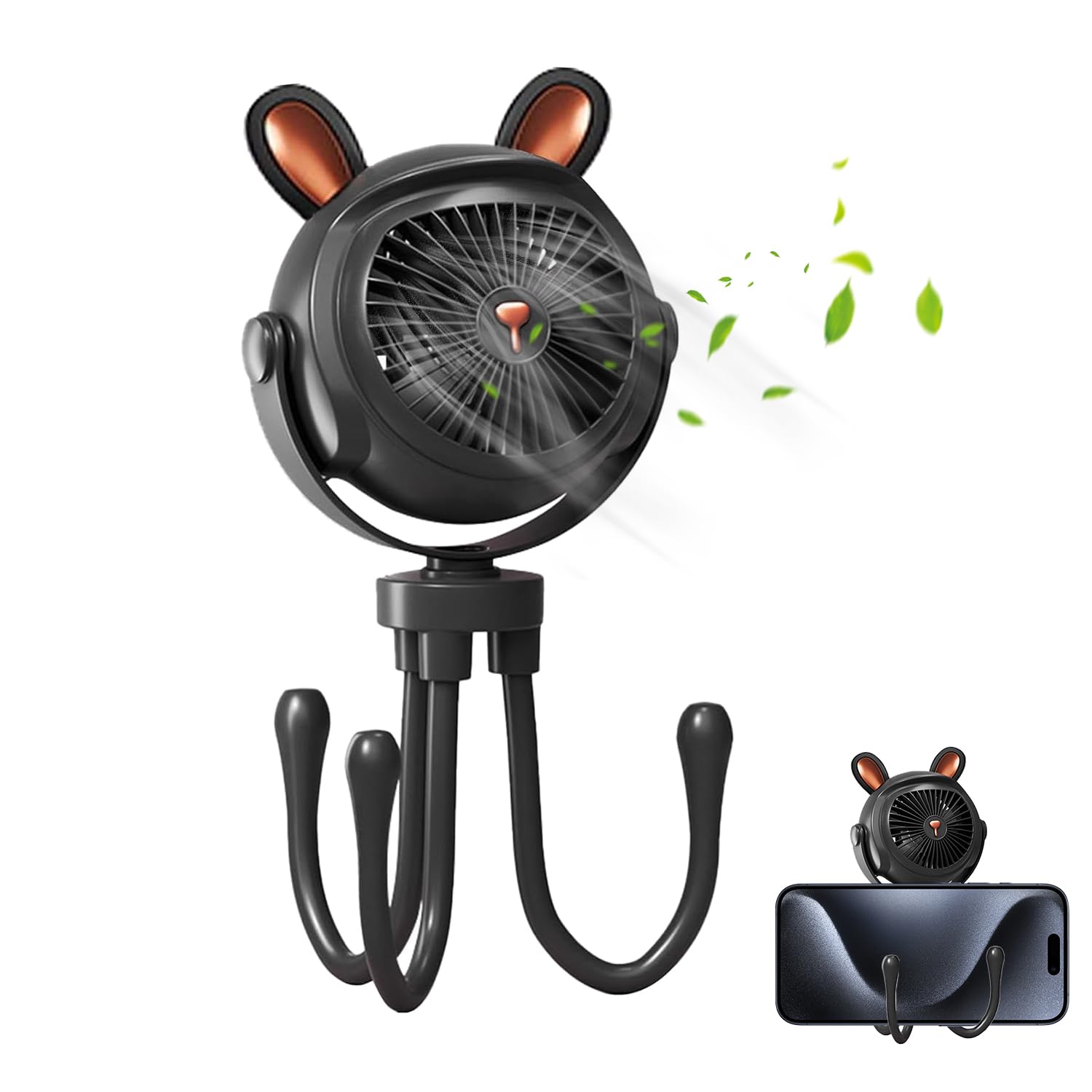 Mini Portable Pram Fan, Octopus Clip-On Fan, Baby Stroller Fan with Night Light, Adjustable 3-Speed Handheld Fan USB Rechargeable, Octopus Clip-On Fan for Strollers, Bicycles, Car Seats (A, Black)