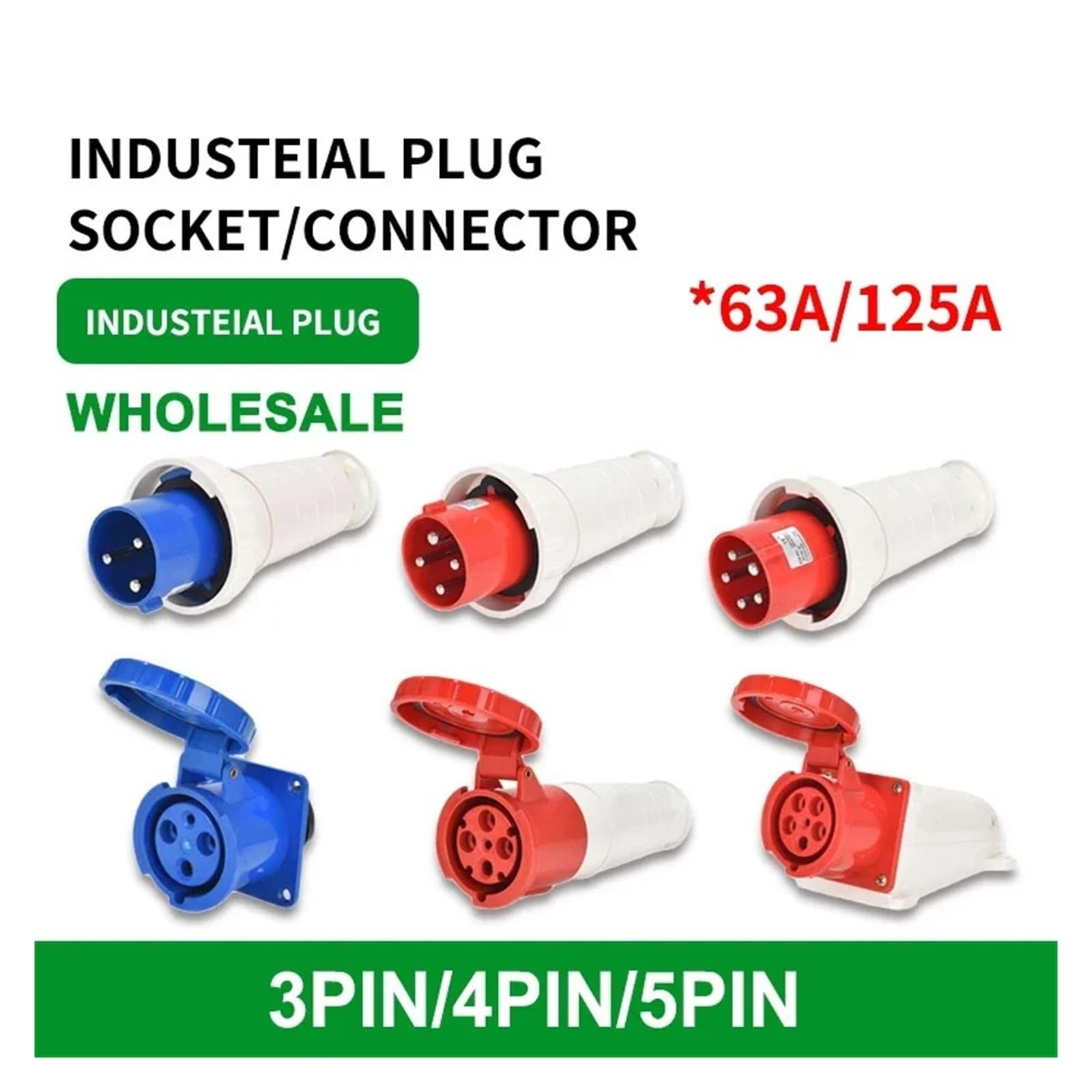 Wasserdichter Industriestecker, 3-polig, 4-polig, 5-polig, staubdicht, IP67, männlich und weiblich, 63 A, 125 A, montierte Industriesteckdose, 380 V, 415(5P63A Wall Mounted)