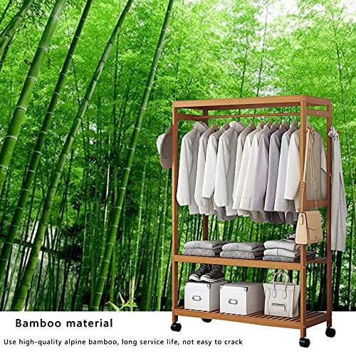 Yyhj Bamboo Garment Clothing Rack,Portable Rolling Cloest Organizer,With Top Shelf And 2 Tier Shoe Storage Shelves,For Clothes Shoes Freestanding Display For Bedroom Entryway Boutiques #TOP1