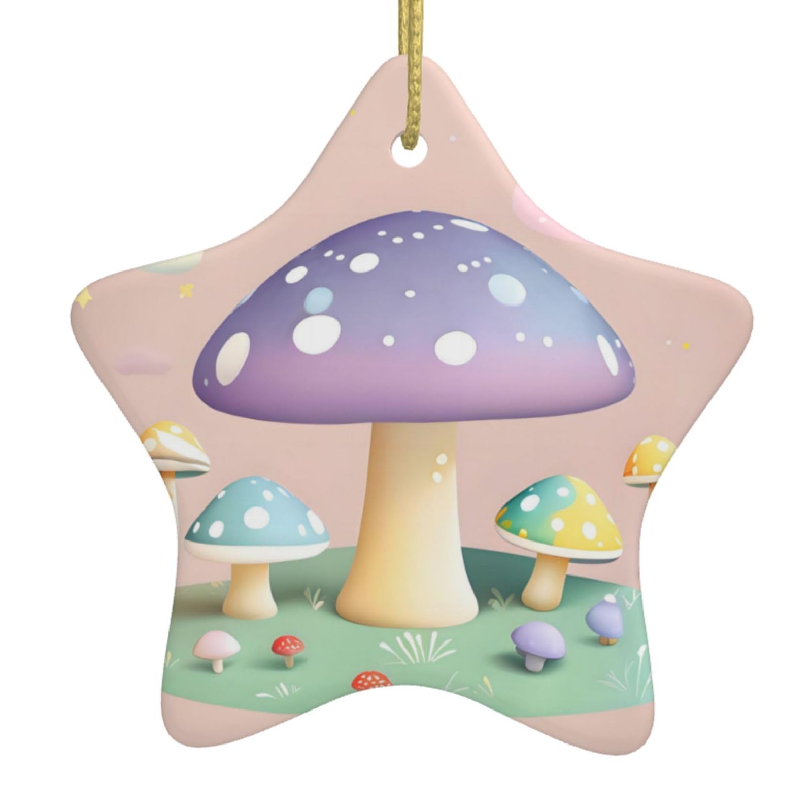 Cartoon Mushroom Christmas Ceramic Star Pendant with Punched Holes and Gold Wire Rope, Christmas Tree Home Decoration