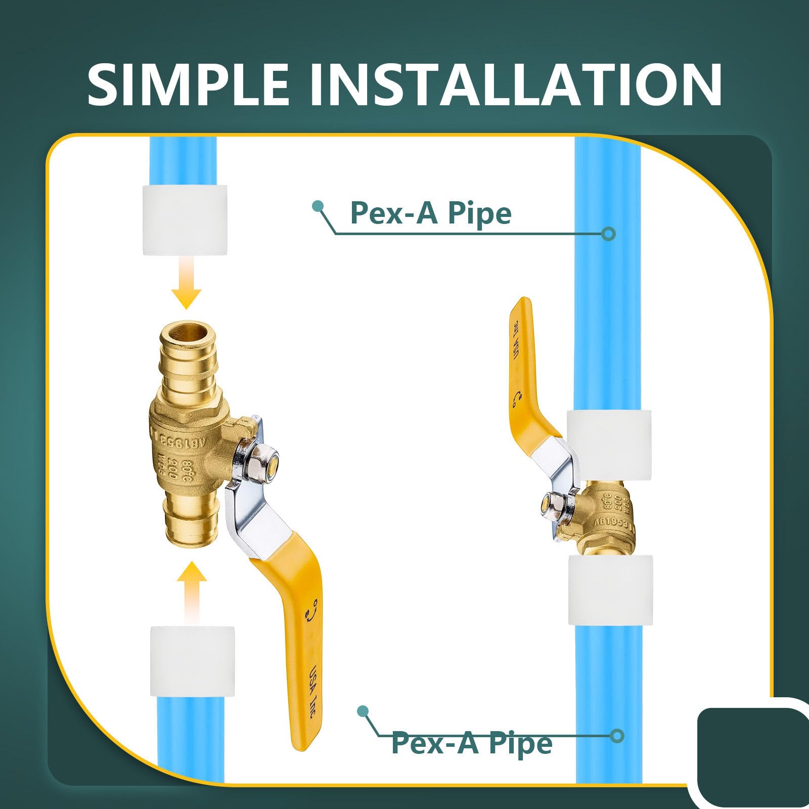 Lot de 10 robinets à boisseau sphérique jaune, 1,9 cm Pex A, robinet à boisseau sphérique en laiton à port complet pour eau chaude et froide, certifié NSF/ANSI 61
