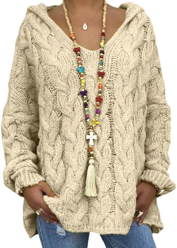 ZOCANIA Hoodie Sweaters for Women Cable Knit Womens Chunky Sweater V Neck Long Sleeve Oversized Hoodies Pullovers