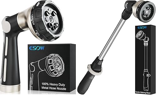 ESOW Boquilla de manguera de jardín 100% metal resistente, válvula de encendido y apagado con control de pulgar (2 artículos)
