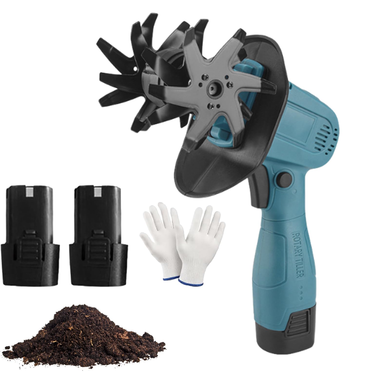 Coltivatore leggero a batteria con 2 batterie, motozappa elettrico, larghezza 12,8 cm e profondità 10,3 cm, denti a 4 file per la coltivazione del terreno