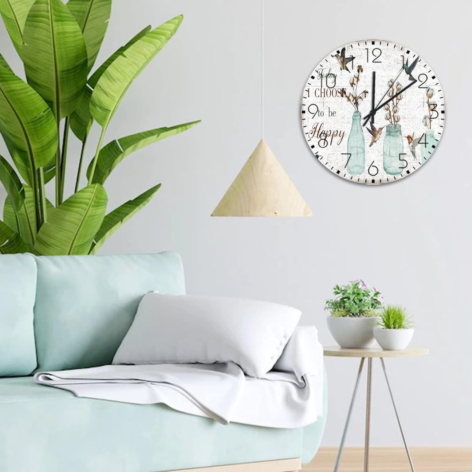 12" Wood Hanging Wall Clock Today I Choose Be Happy Wooden Wall Decor for Lofts Country Hummingbird Vase Flowers Birds Wall Clocks Non Ticking Analog Round Wooden Wall Clock Vintage for Pool Hall